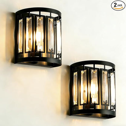 Modern Wall Sconce Set of 2, Crystal Wall Sconces Lighting, Black Wall Light for Bedroom Hallway Living Room