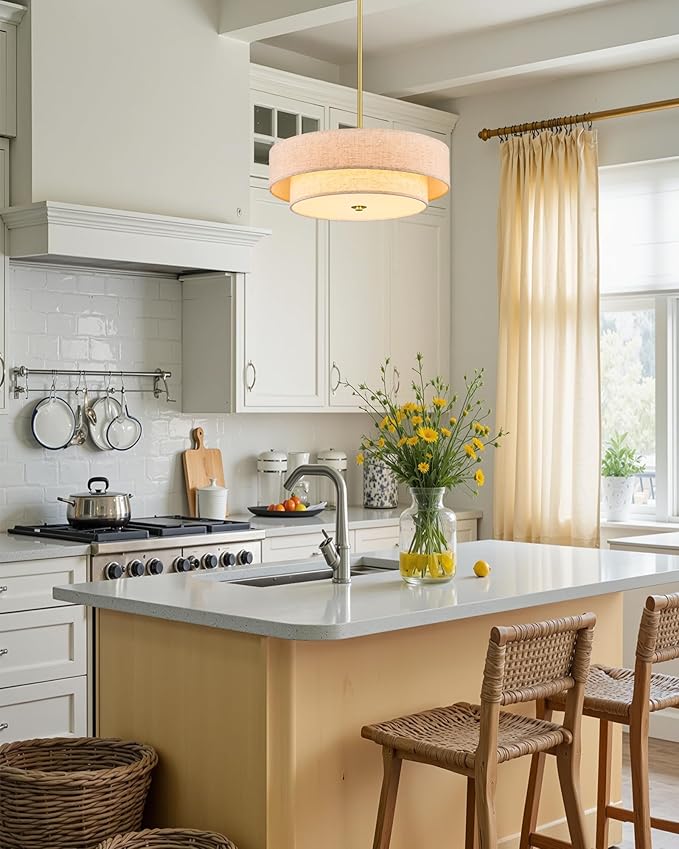 VONLUCE Modern Chandeliers, 18" Drum Chandeliers with 2-Layer Fabric Shade, 4-Light Pendant Light Fixture with E26 Bases, Light Fixture for Dining Room Bedroom Living Room, Linen Shade & Brass Finish