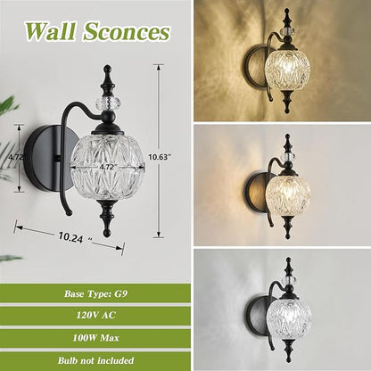 Black 1-Light Wall Light Fixtures with Crystal Glass Shade Vintage Bathroom Wall Sconces Retro Bathroom Vanity Light Fixtures for Bedroom Living Room Farmhouse