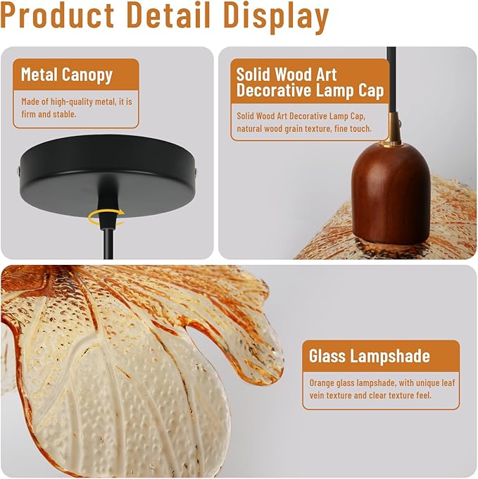 Amber Glass Pendant Light Vintage Kitchen Island Over Hanging Lights 13-inch Glass Shade Natural Wood Chandelier for Living Room Dining Room Bedroom, 1-Light
