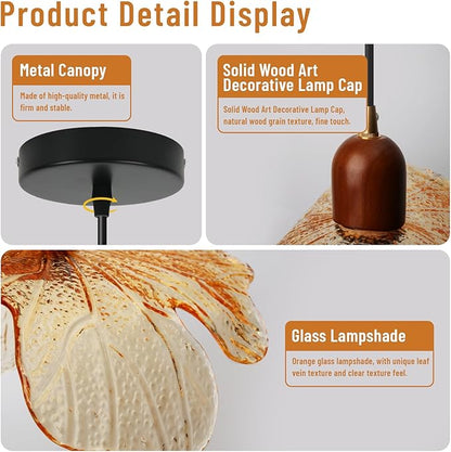 Amber Glass Pendant Light Vintage Kitchen Island Over Hanging Lights 13-inch Glass Shade Natural Wood Chandelier for Living Room Dining Room Bedroom, 1-Light