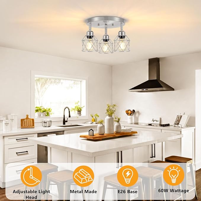 Baocuz 3-Light Brushed Nickel Semi Flush Mount Ceiling Light, Adjustable Kitchen Light Fixtures Ceiling Mount E26 Base Multi-Directional Silver Ceiling Spot Lights for Hallway Farmhouse Foyer