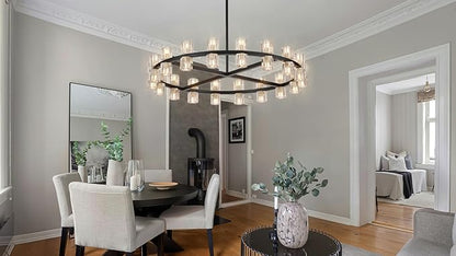 36 Inch Black Crystal Wagon Wheel Chandelier, Modern Farmhouse Round 36-Lights Pendant Lighting Fixture, for High Ceilings Living Room, Bedroom, Foyer