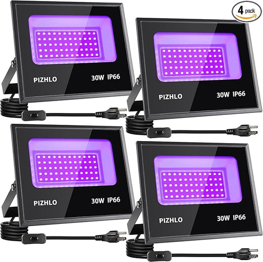 4 Pack 30W Black Light, Blacklight Flood Light with Plug & Switch, IP66 Waterproof Outdoor Black Light Spotlight for Dance Party Fluorescent Poster Body Paint Neon Glow in The Dark Stage Lighting