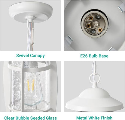 LOUSACE 1-Light Outdoor Pendant Lights for Porch, Exterior Hanging Porch Light Fixture Ceiling Mount Outdoor Chandelier, Waterproof White Aluminum Finish with Seeded Glass, for Gazebo Patio Entrance