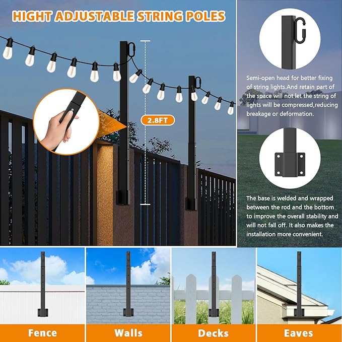 Mutovlin 8 Pack String Light Poles,2.8 Ft Light Poles for Outside String Lights,Outdoor Lights Pole with Fork,Metal Poles Stand for Patio Deck Backyard