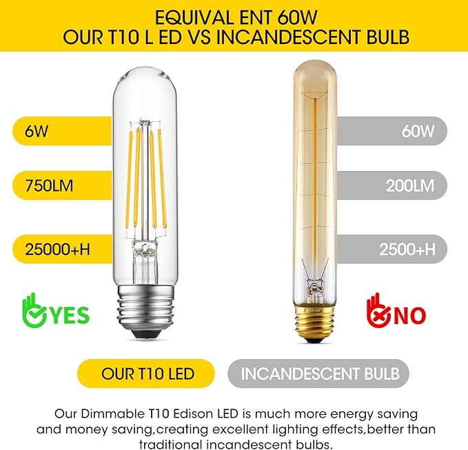 Gozelux Tubular Light Bulbs, T10 LED Edison Bulbs Cool White 4000K, E26 Base, 6 Watt Dimmable Vintage LED Bulbs for Desk Lamp, Curio Cabinet, Aquarium, Chandeliers, Pendant Lights, Pack of 8