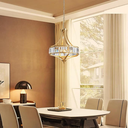 Modern Gold Crystal Chandeliers for Dining Room Pendant 4-Light Rustic Farmhouse Chandelier with Round Metal Lampshade for Living Room Kitchen Island Hallway Bedroom Foyer