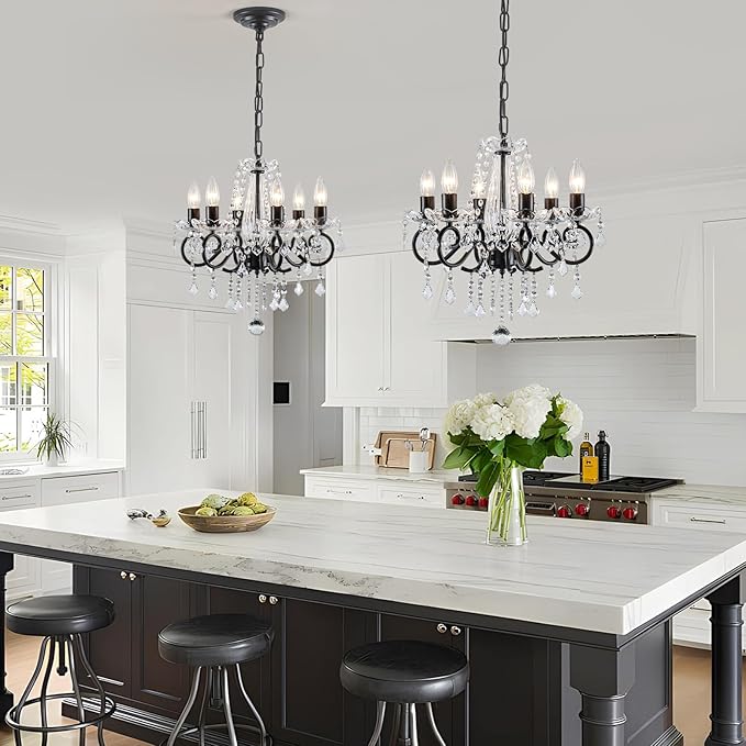 Black Crystal Chandelier, 6-Light European Candle Style Pendant Light, Luxury Decorative Ceiling Light for Living Room Dining Room Bedroom