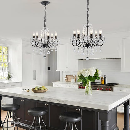 Black Crystal Chandelier, 6-Light European Candle Style Pendant Light, Luxury Decorative Ceiling Light for Living Room Dining Room Bedroom