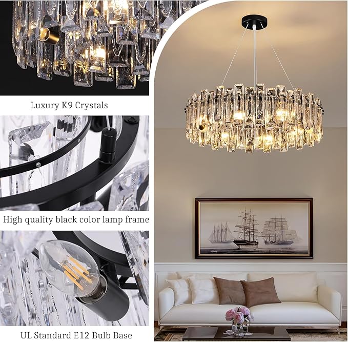 Luxury K9 Crystal Chandelier Modern Round Easy Install Ceiling Hanging Pendant Light Fixture for Dining Living Room Kitchen Island Entryway Foyer D23.6 Black 8-Lights