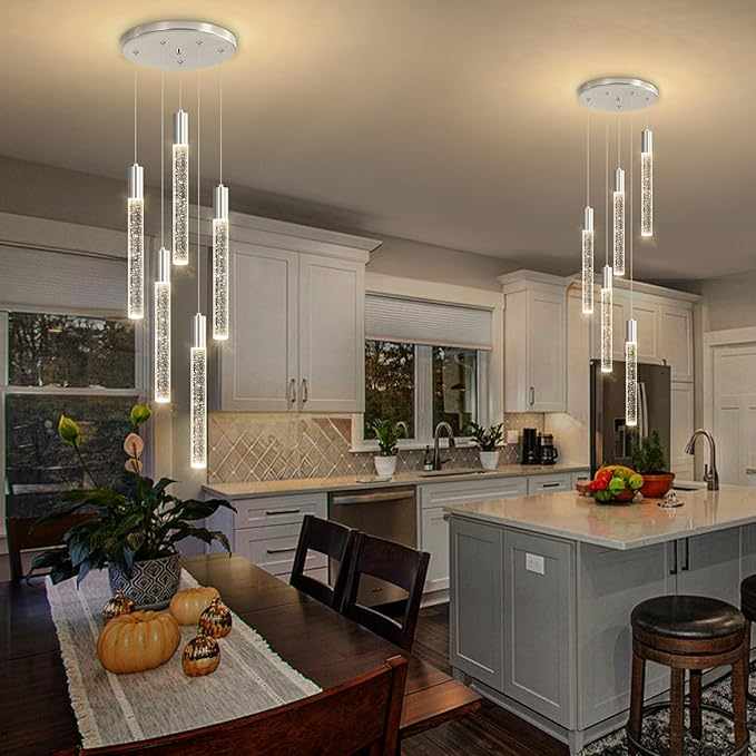 HAIXIANG 5-Lights Chandelier Modern Crystal Glam Light Remote Dimmable Pendant Lighting for Kitchen Island Dining Room Shiny Silver Light