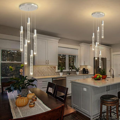 HAIXIANG 5-Lights Chandelier Modern Crystal Glam Light Remote Dimmable Pendant Lighting for Kitchen Island Dining Room Shiny Silver Light