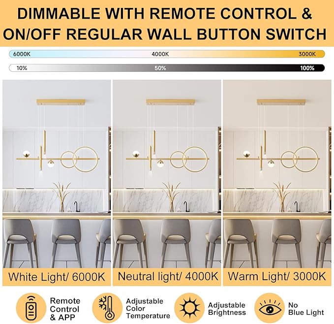 ORANOOR LED Gold Chandeliers for Dining Room, 39in Dimmable Modern Chandelier Gold Pendant Lights for Kitchen Island, Linear Ring Globe Pendant Light Fixtures Dining Room Lights Ceiling Hanging
