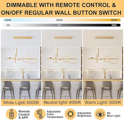 ORANOOR LED Gold Chandeliers for Dining Room, 39in Dimmable Modern Chandelier Gold Pendant Lights for Kitchen Island, Linear Ring Globe Pendant Light Fixtures Dining Room Lights Ceiling Hanging