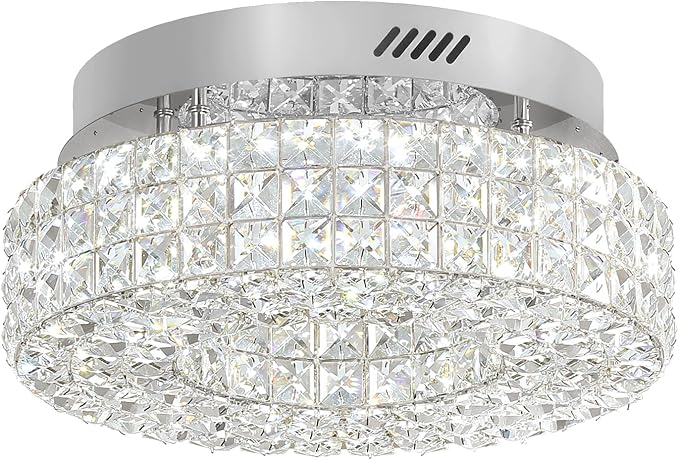 ykolupty 16" Crystal Chandeliers,Round Chandelier for Living Room Modern Flush Modern Crystal Ceiling Light Fixture for Foyer Bedrooms Dining Room Hallway Silver