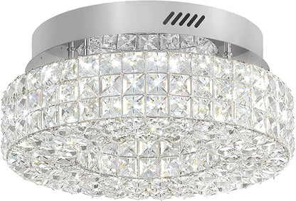 ykolupty 16" Crystal Chandeliers,Round Chandelier for Living Room Modern Flush Modern Crystal Ceiling Light Fixture for Foyer Bedrooms Dining Room Hallway Silver