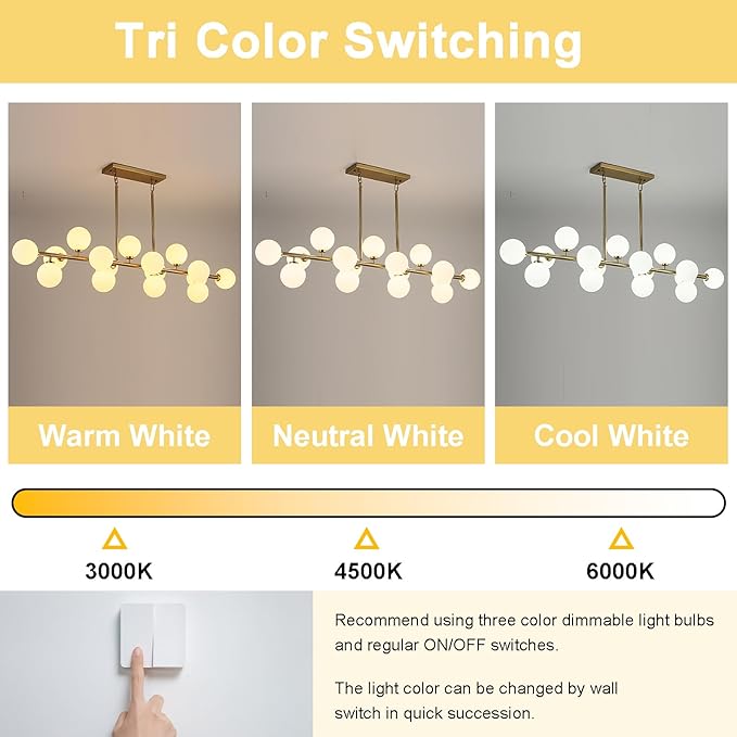 Mid Century Modern Chandelier 55in Linear Chandeliers 16-Light Brass Gold Pendant Lighting Fixture for Dining Room, Kitchen Island