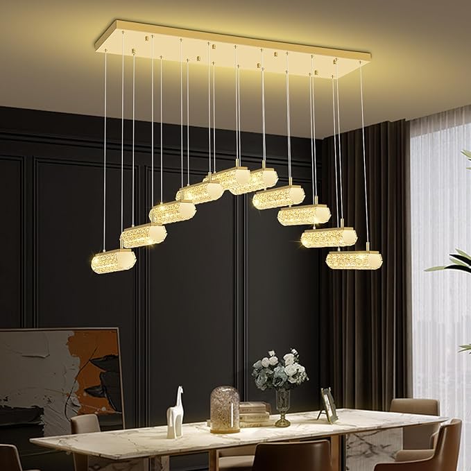 Crystal Kitchen Chandeliers Over Table,Rectangular Crystal Chandelier for Living Room Modern Linear Chandelier for Dining Room Dimmable Gold 10 Lights
