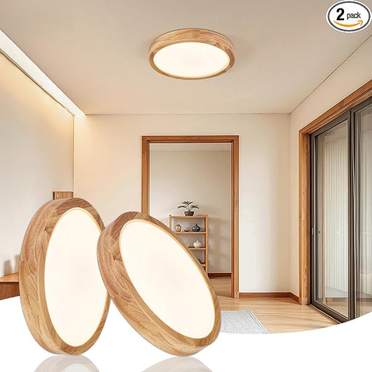 Modern LED Ceiling Light for Bedroom: Wood Flush Mount Light Fixture with Acrylic Lampshade - 3000K Not Dimmable Overhead Ceiling Lamps for Kitchen Hallway Living Room (11.8" 2 Pack)