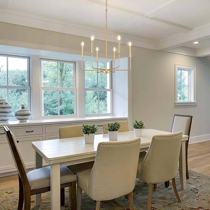 Modern Gold Chandelier for Dining Room,Metal 6-Light Kitchen Light Fixtures,Farmhouse Candle Hanging Pendant Light for Living Room Entryway Foyer Bedroom (Bulb Not Included)