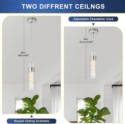 WILON Pendant Lights Kitchen Island, 24W Modern Kitchen Island Lights Brushed Nickel, Ceiling Lighting Fixtures with Crystal Bubble, Integrated LED Hanging Light for Dining Room Restaurant(3 Pack)