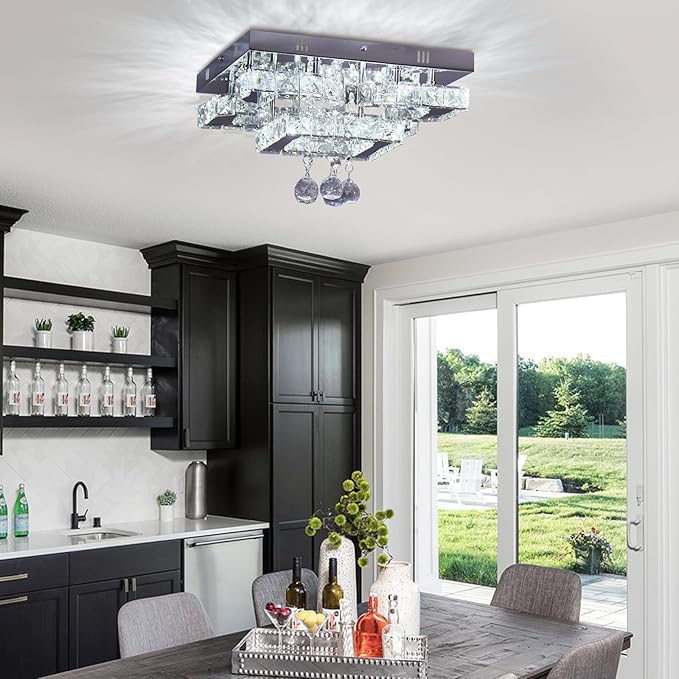 11.8" Modern Crystal Chandelier LED Ceiling Light Fixture Suitable for Kitchen Corridor Hallway Bedroom Bathroom Dining Room 4 Petals/Raindrop Ball Square Wall Switch （White Light）
