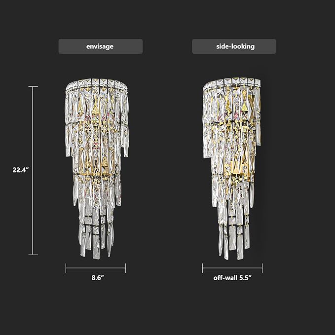 Modern K9 Crystal Wall Sconce, Gold Finish Wall Light Fixture, Acrylic Crystal Drops Wall Lamp Bedside Light 3 Tiers Crystal Wall Lamp for Bedroom Living Room，E12 Base