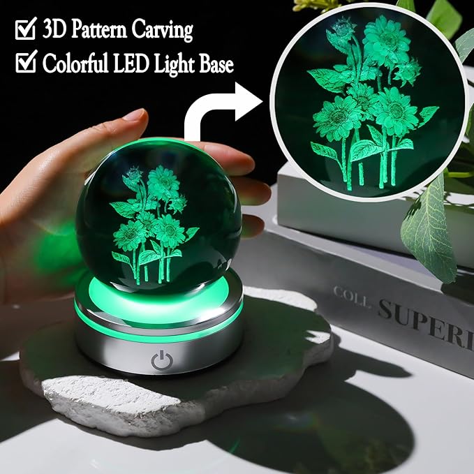 Arikyrist Crystal 3D Sunflower Bouquet 3.15in Ball Figurine Gifts for Women, Glass Floral Art Sphere for Room with LED Light Base Keepsake for Flower Lovers Home Decor Paperweight
