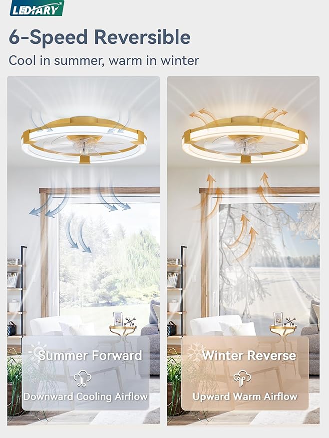 LEDIARY Ceiling Fans with Lights, 20 Inch Low Profile Ceiling Fan with Remote, 6 Speeds, Reversible, Dimmable Flush Mount Fan Light, Modern Fandelier Ceiling Fan with Lights for Bedroom, Gold