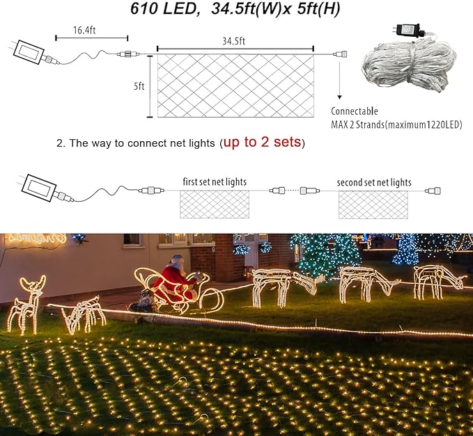 Christmas Net Lights, 610 LED Large Outdoor Net Mesh Lights 34.5X 5ft, 8 Modes Waterproof Twinkle String Lights Connectable for Bushes Christmas Yard Decor, Warm White
