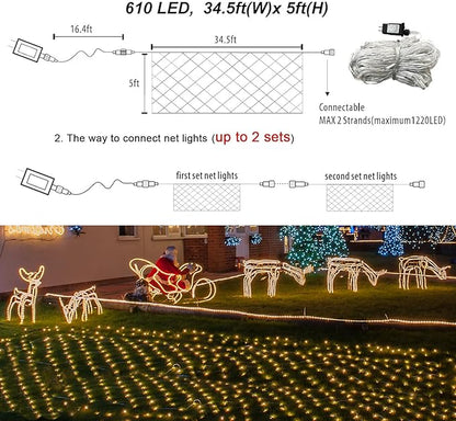 Christmas Net Lights, 610 LED Large Outdoor Net Mesh Lights 34.5X 5ft, 8 Modes Waterproof Twinkle String Lights Connectable for Bushes Christmas Yard Decor, Warm White