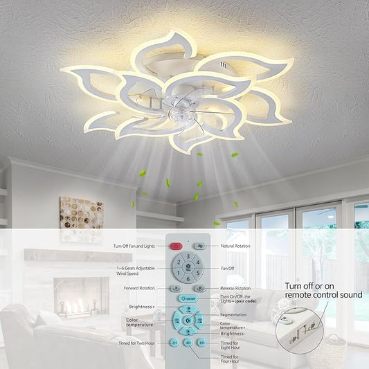 38" White Geometric Ceiling Fan with Light Remote Control, 3 Light Color 6 Speeds LED Flower Flush Mount Low Profile Ceiling Fan for Living Room