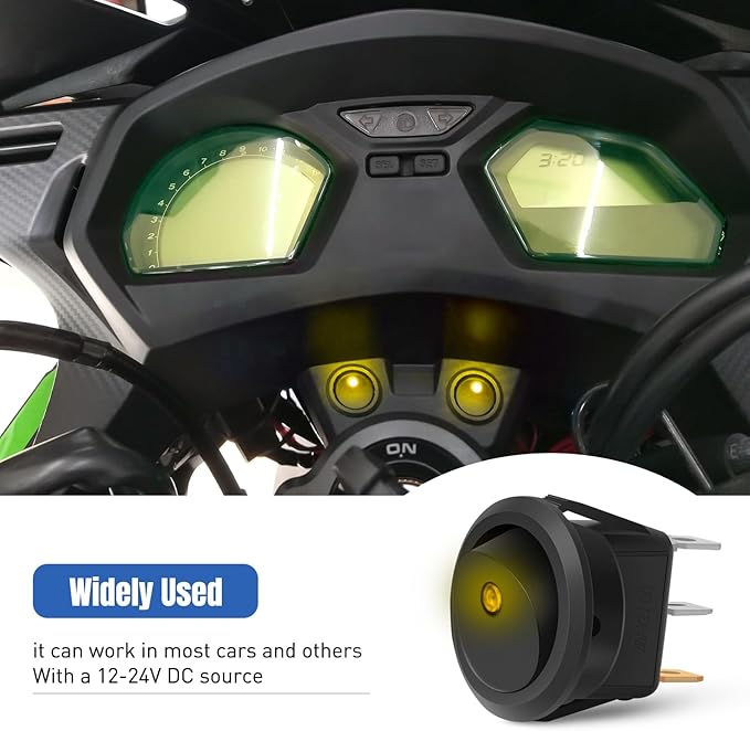 Nilight 12PCS Round Rocker Switches 12V 24V 20A Yellow LED Toggle swtiches SPST 3 Pin 2 Position for Car Truck Vehicle Boat Marine Rocker On Off Control