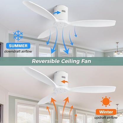 Sofucor 52'' Low Profile Ceiling Fan Remote Control without Lights,Wood Flush Mount White Ceiling Fans no light, Modern Ceiling Fan Reversible DC for Bedroom,Farmhouse,Living Dining Room,Kitchen