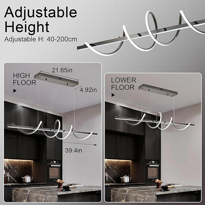 47.24" Modern Led Pendant Light for Kitchen Island Lighting,Electroplated Black Modern Chandelier for Dining Room over Table Dimmable Led Ceiling Pendant Lights Creative Snake-Shaped Twist Design