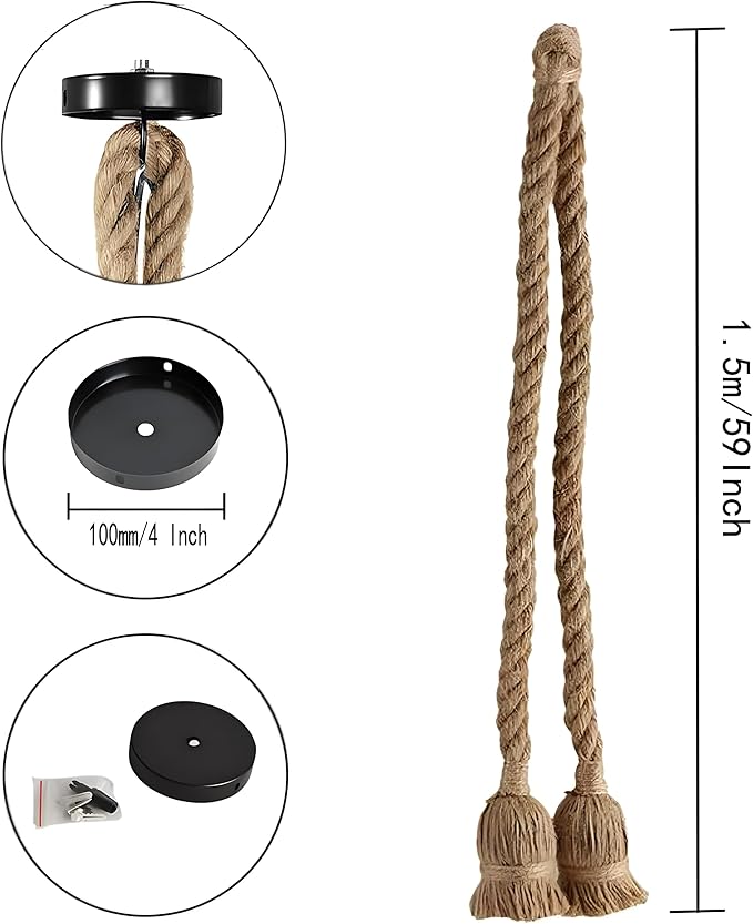 2 Head 1.5 Meter Vintage Hemp Rope Pendant Light Fixture E26/E27 Base, Vintage Ceiling Light Lamp,Retro Style for Dining Hall Restaurant Bar Lighting(Bulb not Included)