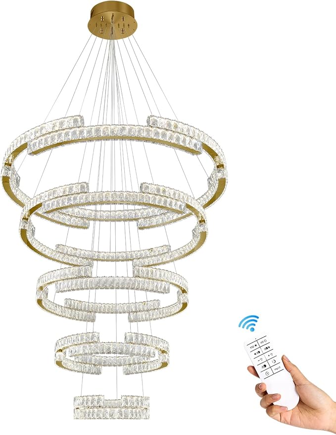 Gold Large 5 Ring Crystal Chandelier for High Ceiling Modern Long Stair Chandeliers LED Dimmable, for Villa,2-Story Foyer D47.5''+D40''+D32''+D24''+D16''