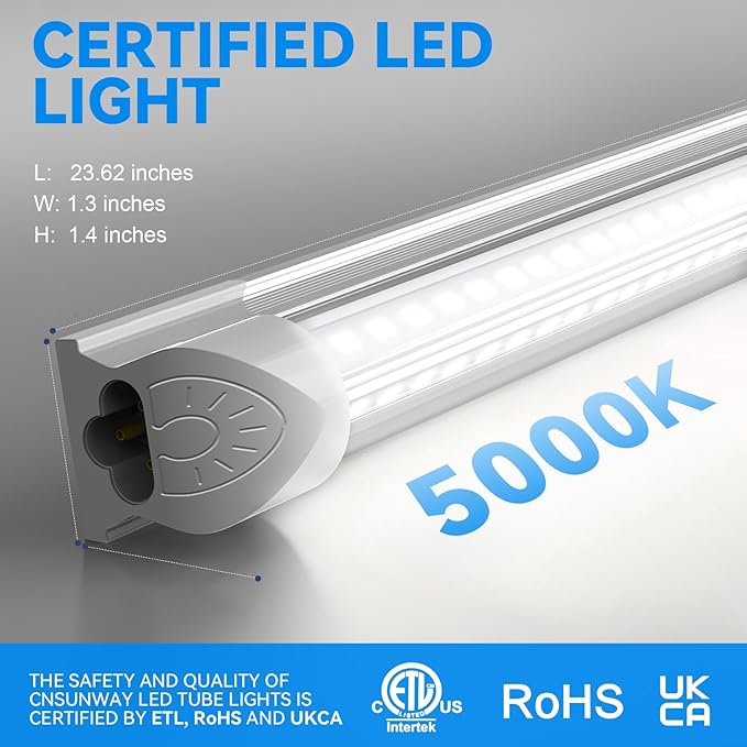 CNSUNWAY 2FT LED Shop Light, 22W 3300LM, 5000K Daylight T8 LED Light Fixture, V Shape, Linkable Shop Lights for Workbench, Garage, Workshop, Under Cabinet, ETL Listed (2-Pack)