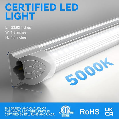 CNSUNWAY 2FT LED Shop Light, 22W 3300LM, 5000K Daylight T8 LED Light Fixture, V Shape, Linkable Shop Lights for Workbench, Garage, Workshop, Under Cabinet, ETL Listed (2-Pack)