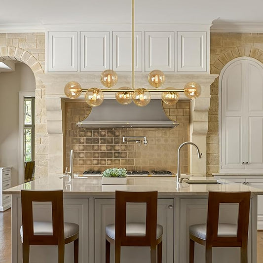 Gold Linear Chandeliers for Dining Room, 8-Light Amber Glass Globe Chandelier Modern Sputnik Chandelier Mid Century Dining Room Light Fixture Pendant Kitchen Island Lighting, Electroplated Brass, 37"