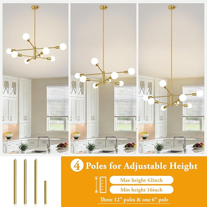 BesLowe 8-Light Modern Sputnik Chandelier, Mid Century Gold Chandeliers Lighting, Farmhouse Ceiling Hanging Light Fixture for Dining Room Bedroom Living Room Kitchen Foyer, Height Adjustable