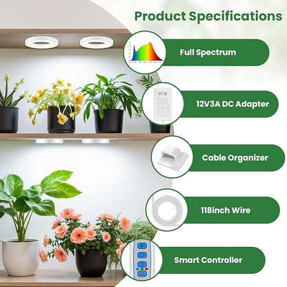 Kullsinss Plant Light, 6 Heads 12V3A Full Spectrum LED Grow Lights for Indoor Plants, 3.5" Under Cabinet Grow Lamp for Small Plants with 6/12/16H Auto Timer, 3 Spectrum Modes, 5 Brightness Levels
