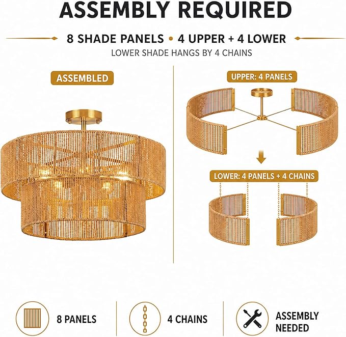 22” Boho 2-Tier Rattan Ceiling Light Fixture, 5-Light Flush Mount Woven Chandelier for Bedroom, Dining Room, Kitchen, Entryway, Living Room, Rustic Gold Lighting