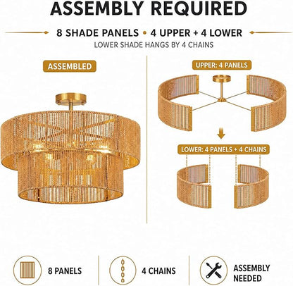 22” Boho 2-Tier Rattan Ceiling Light Fixture, 5-Light Flush Mount Woven Chandelier for Bedroom, Dining Room, Kitchen, Entryway, Living Room, Rustic Gold Lighting