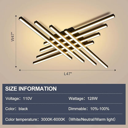 47" Black Modern LED Ceiling Light with Remote 3000K/4500K/6000K Close to Ceiling Lights Creative Design Ceiling Lamp for Bedroom Living Room Kitchen Hallway Dining Room(128W, 8 Lights)