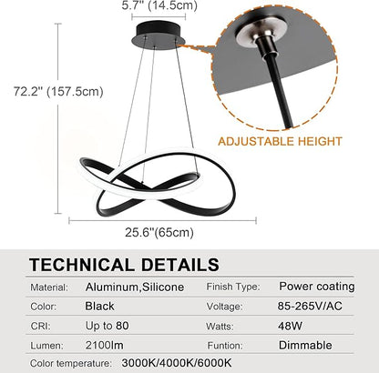 MAYNA Modern LED Pendant Light with Remote Control, 3-Color Dimmable Contemporary LED Chandelier with Irregular Ring Lights, Modern Chandeliers for Dining Room Kitchen, Black 25.6 inch