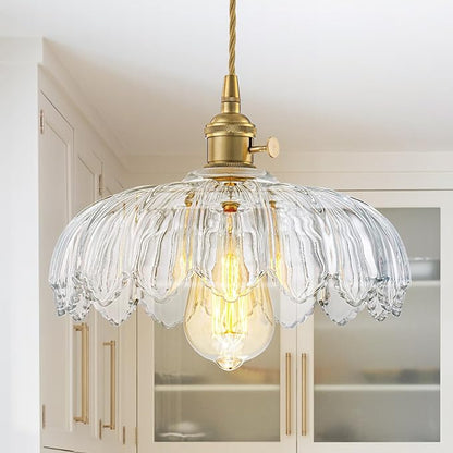 EDSILIVE Vintage Flower Glass Pendant Lights Kitchen Island 9.84" Antique Flower Clear Glass Hanging Ceiling Light Fixture with Adjustable Brass Twine Wire for Dining Room Kitchen Table, Gold Clear