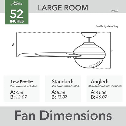 Hunter 52 inch Indoor Ceiling Fan with LED Light and Remote Control - Standard Mount White Ceiling Fan, 3 Blades, For Bedroom, Living Room, or Kitchen - Sentinel 59169, Fresh White