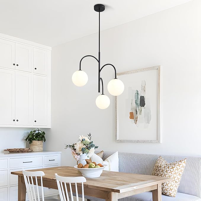 3 Light Milk Glass Chandelier Black Pendant Lights Kitchen Island Mid Century Dining Room Light Fixture Modern Globe Chandeliers for Bedroom Living Room Kitchen